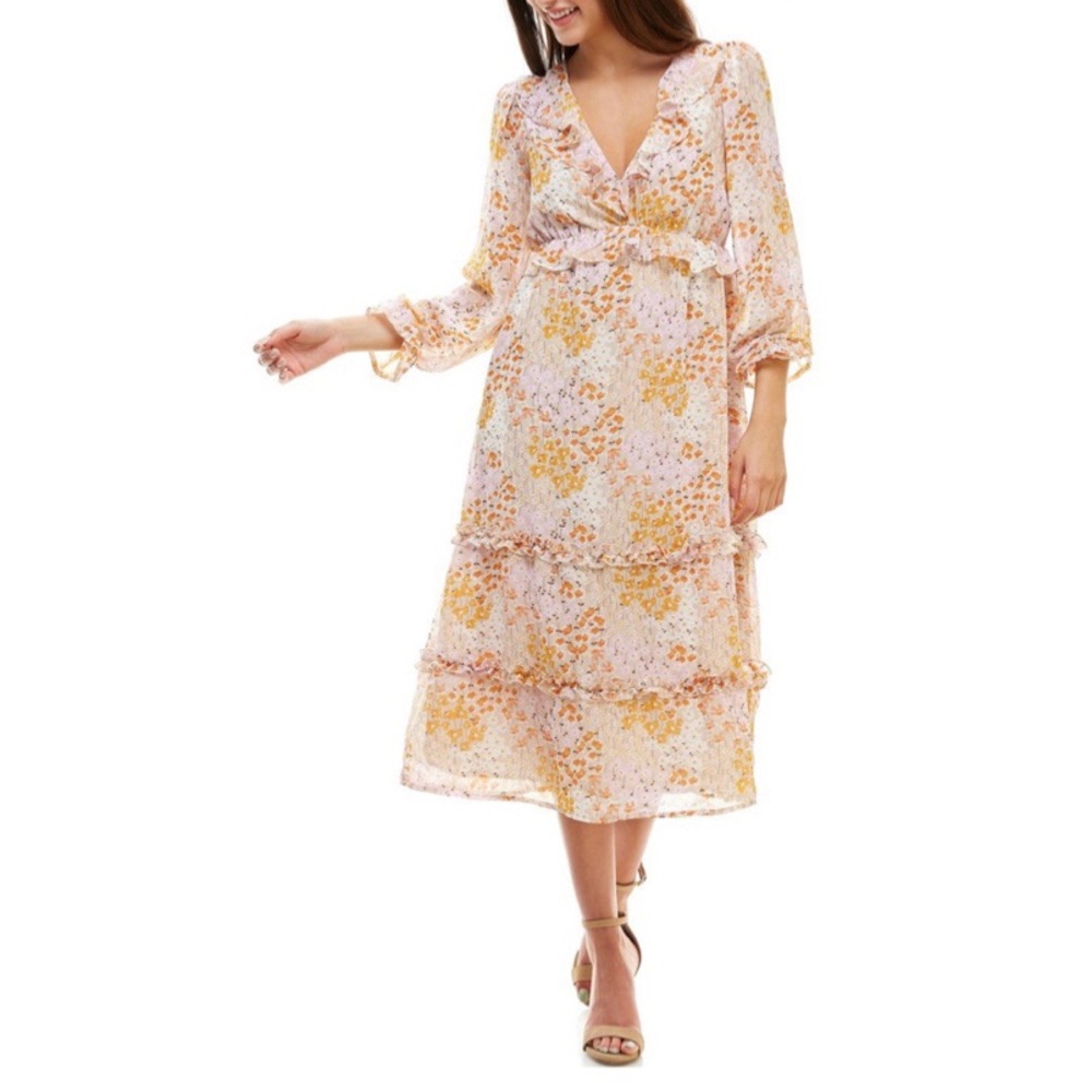 Floral print tiered ruffle midi dress 3/4 slv